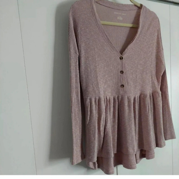 American Eagle Soft Ribbed Knit Henley babydoll top blouse shirt Blush pink S - Picture 3 of 6